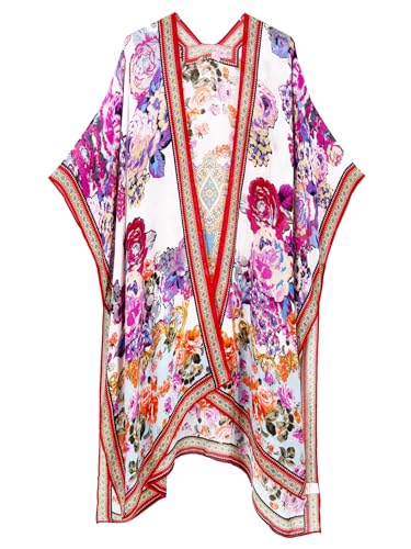 Chinese Rose Oversized Boho Kimono Cardigan for Women - Lightweight Summer Cover-up