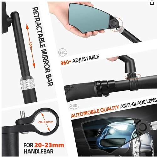 WEST BIKING Anti-Glare Handlebar Bike Mirror 1pcs, Left Side Bike Rear View Mirror With Retractable & 360 ° Adjustable Lens, Foldable Bicycle Mirror For 20-23mm Handlebar