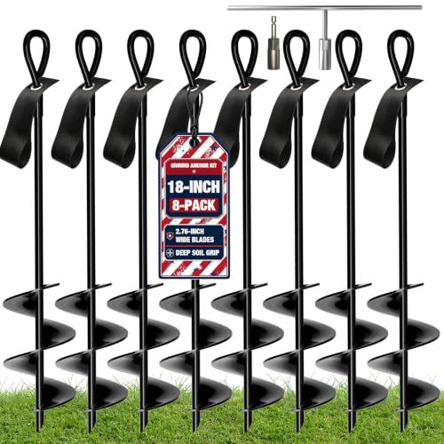 Heavy Duty Ground Anchors Screw-In 18 Inch - Black Round Head, 8 Pack with Straps