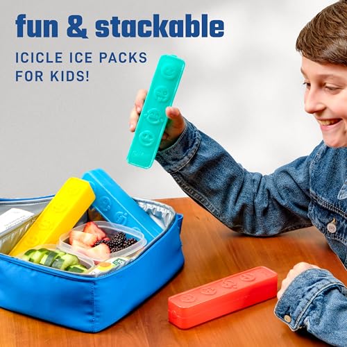 Cool Coolers by Fit & Fresh Kids Icicle Lunch Box Ice Pack Sticks, Icicle Ice Sticks for Lunch Bags and Coolers, Lunch Ice Pack Sticks, Reusable, Space-Saving, Multicolored, Smile Icicles, 4PK