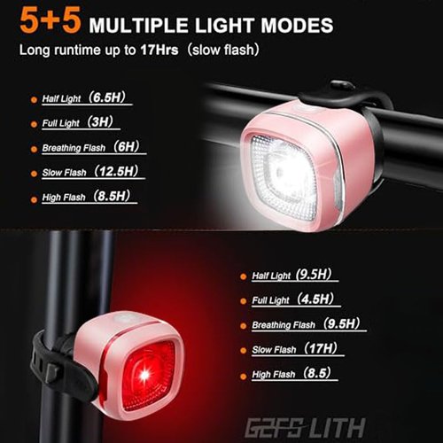 Bicycle Front and Rear Lights,IPX6 Waterproof Bike Light, Type-C Rechargeable, Flashing Light，Suitable for Night Riding, Cycling，Bike Headlight &Taillight for Men Women Kids Road Mountain(Pink)