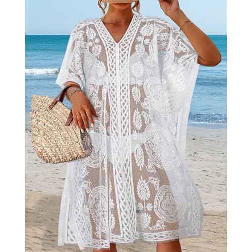 Womens Lace Bathing Suit Cover Up V Neck Beach Coverup Summer Swim Coverups Loose Bikini Beach Dress