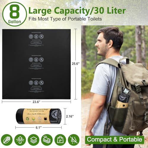 BLIKA Camping Toilet Bags Eco Absorbent Gel Set, Portable Toilet Bags with Gel, 8 Gallon, 30 Liter, Heavy Duty 1 Mil, Toilet Replacement Bags with Toilet Powder for Camping Outdoor Hiking