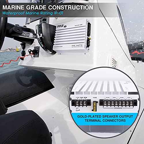 Pyle Hydra Marine Amplifier - Upgraded Elite Series 400 Watt 4 Channel Audio Amplifier | Waterproof Dual MOSFET Power Supply | GAIN Level Controls, RCA Stereo Input & LED Indicator