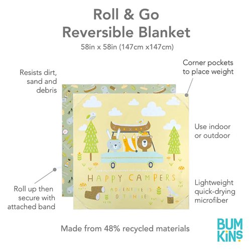 Bumkins Throw Blanket Towel, Toddler, Kids and Baby, Travel, Beach, Picnic, Outdoor Indoor Play, Soft, Lightweight, Microfiber Resists Sand and Debris, Reversible, 58in x 58in – Happy Campers