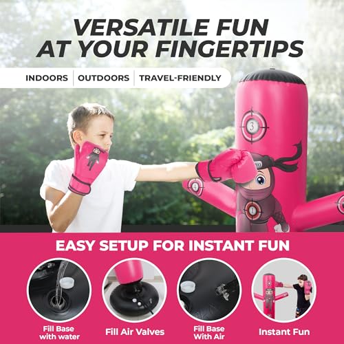 Pink Kids Punching Bag with Boxing Gloves and Pump - Gift Set for Ages 3-12