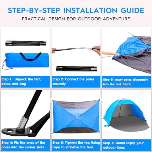 Beach Tent Sun Shelter for 3?4 People, UPF 50+ Beach Tent with Breathable 4-Door Design, 8.0mm Fiberglass Poles, Portable Sun Shade Canopy for Camping & Outdoor ? Blue