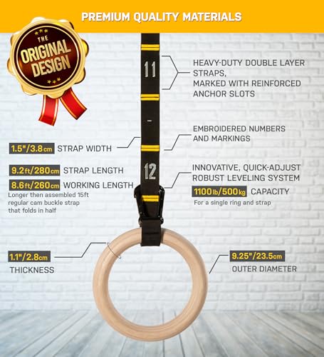 Double Circle 1.1 Inch Wooden Gymnastics Rings with Straps - Calisthenics Equipment