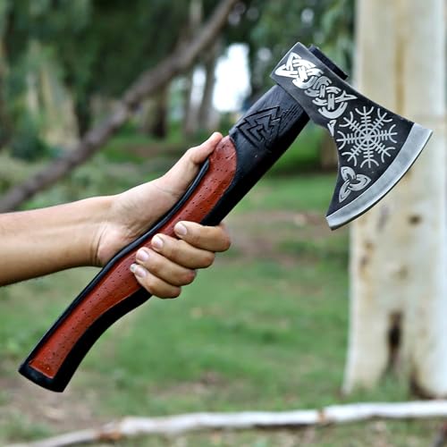 Wazir Crafts Handmade Viking Axe | 18" Carbon Steel Throwing Hatchet with Ash Wood Handle & Leather Sheath | Etched Norse Design, Functional & Collectible Gift(WCA-001)