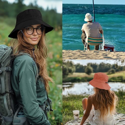 PFFY Quick Dry Waterproof Packable Bucket Hat for Women Men Outdoor Sun Hats with Detachable Chin Strap