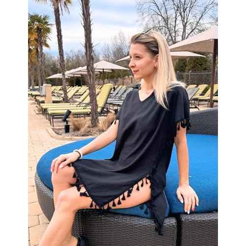 AI'MAGE Women Bathing Suit Cover Up Tassel Swimsuit Coverup Short Sleeve Beach Cover Ups Dress V Neck Beach Wear S-3XL