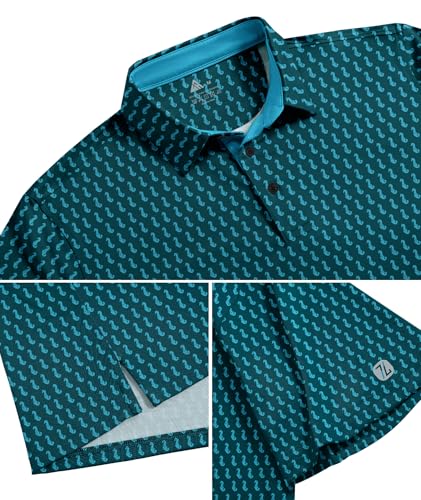 Men's Golf Polo Shirt Short Sleeve Moisture Wicking Print XL Blue Green Seahorse