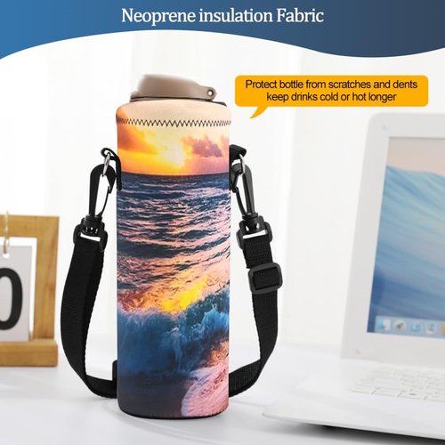 ToLuLu Water Bottle Holder Bag Case, Insulated Neoprene Water Bottle Holder Cover 750ML 25OZ with Adjustable Shoulder Strap, Sling Bag Sleeve Pouch For Hydroflask Stanley Iceflow, Sunset Beach
