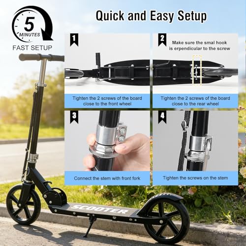 DEROFIT Folding Kick Scooter for Kids & Adults Black - Adjustable Height, 250 Lbs Capacity