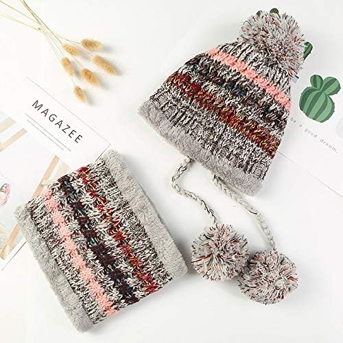 Ypser Women's Winter Warm Knitted Crochet Hat Fleece Lined Cable Faux Fur Pom Pom Beanie Hat Skull Cap