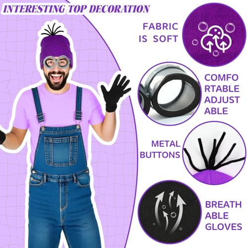 3Pcs Halloween Costume Accessories Adult, Yellow/Purple Beanie Goggles Gloves Women Men Halloween Party Costume Accessories