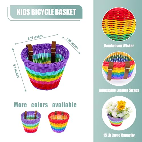 Purple Kids Bike Basket Front Handwoven Rainbow Wicker for Girls with Adjustable Leather Straps