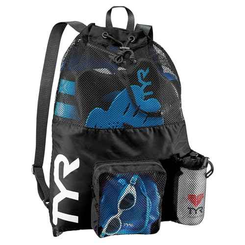 TYR Big Mesh Mummy Backpack for Swim, Gym and Workout Gear, Black, 40-Liter Capacity