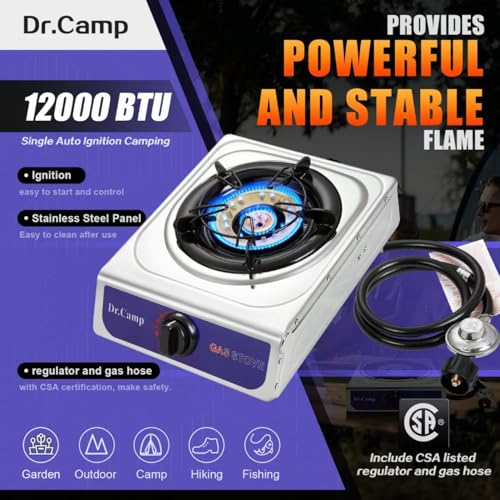 Portable Camping Stove 12000 BTU with Auto Ignition & Regulator