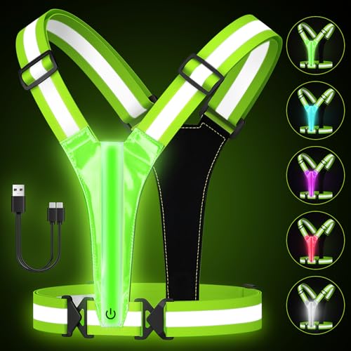 LED Reflective Running Vest, 5 Colors Light Up Running Vest High Visibility Rechargeable Light Safety Gear for Night Running Walking Cycling, Large Size Adjustable Light Vest for Men & Women