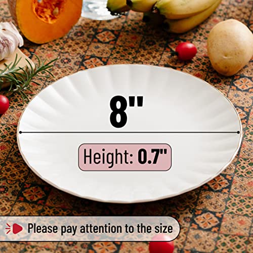 8 Inch White Dessert Plates Set of 6 with Gold Trim - Porcelain Small Appetizer Plates