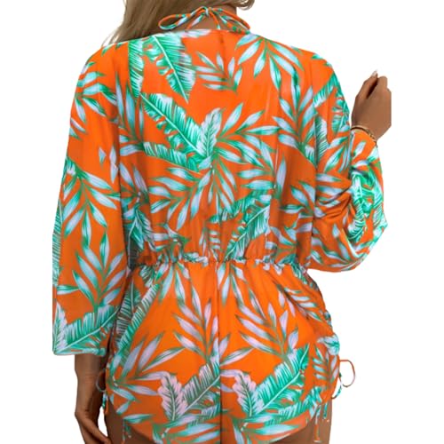 3 Piece Swimsuits for Women Sexy Leaf Print Bikini Set with Tummy Control Mesh Cover Up Tropical Swimsuits XS-XXL
