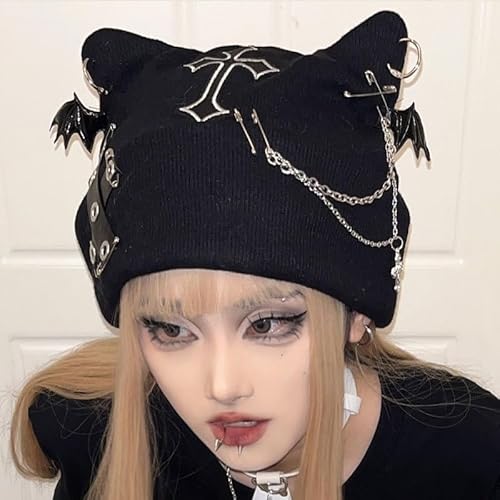 Y2k Goth Beanie Hats for Women Winter Punk Emo Grunge Cat Ear Knitted Cap Gothic Streetwear Halloween Accessories