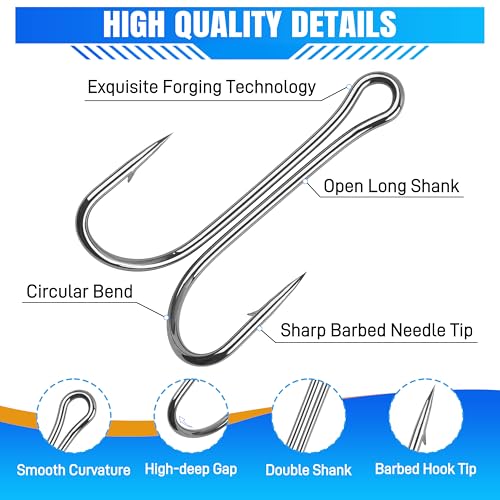 4/0 Double Fishing Hooks - 35pcs Frog Fly Tying Hooks, 3X Strong, Sharp, Open Shank, High Carbon Steel, Barbed, Saltwater & Freshwater