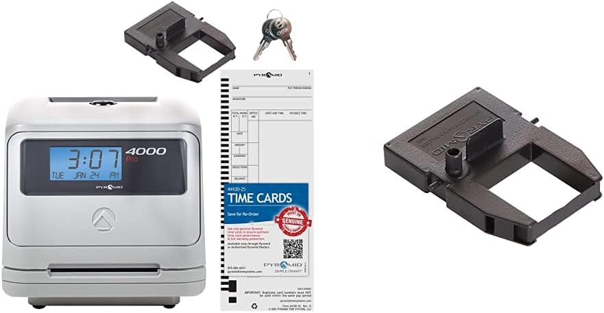 Pyramid Time Systems - Model 4000 Auto Totaling Time Clock, Electronic Time Punch Clock for Small Business, Bundle Includes: 25 Time Cards,Ribbon and 2 Security Keys - Silver ( 7.25"h x 7"w x 6.75"d)