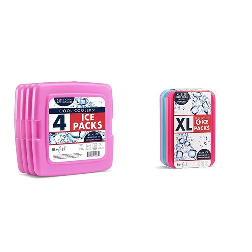 Cool Coolers by Fit & Fresh Slim Ice Pack Bundle (4 Pack + 4 Pack XL) for Lunch Boxes, Coolers, Camping & Beach - Purple & Multi