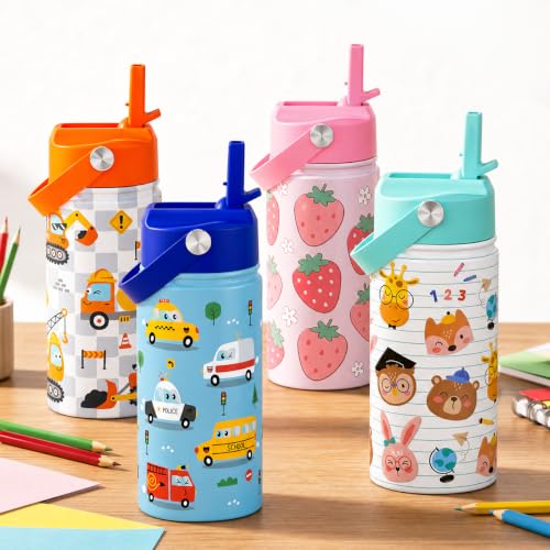 Construction Kids Water Bottle with Straw Lid - 12oz Insulated Stainless Steel - Variation 1