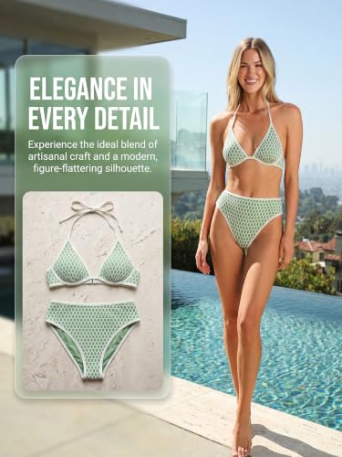 Women's Two Piece Bikini Set - High Waisted Swimsuit with Underwire - Green/Beige Large