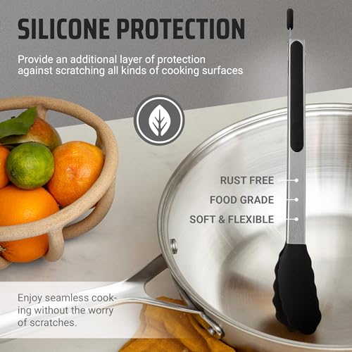 Kaluns Black Kitchen Tongs Set of 4 with Silicone Tips & Bonus Spatula