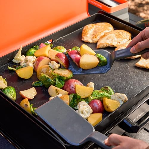 Camping Griddle Tool Kit - 6 Piece with Spatulas, Tongs, Scraper & Bottles