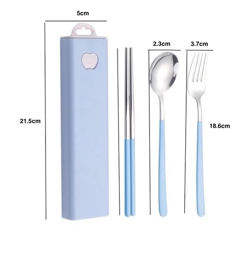 Pretihome 3 Pieces Portable Travel Utensils with Case 18/8 Stainless Steel Silverware Set for Camping Office School Lunch Including Chopsticks Fork Spoon Dishwasher Safe (Light Blue)