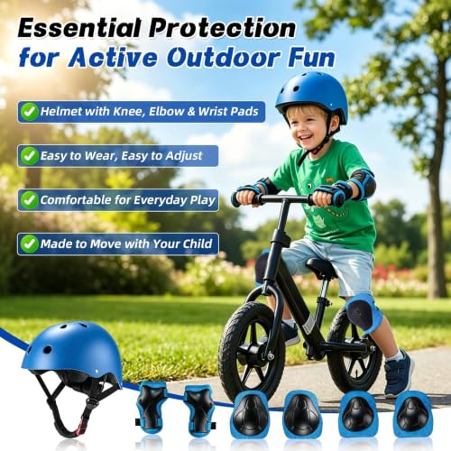 Kids Bike Helmet for Ages 2-8 - Adjustable Safety Helmet with Protective Gear Set - Blue, Small