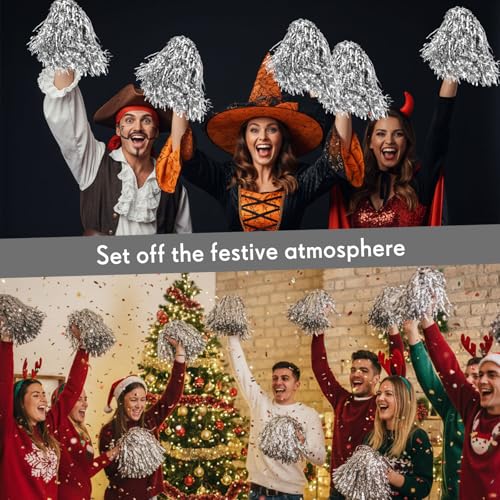 Silver Cheerleading Pom Poms with Baton Handle Bulk 60 Pieces - Reusable & Vibrant
