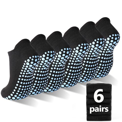 Unisex Yoga & Pilates Non-Slip Grip Socks 6 Pairs Black - Size 8-10, Cushion Sole