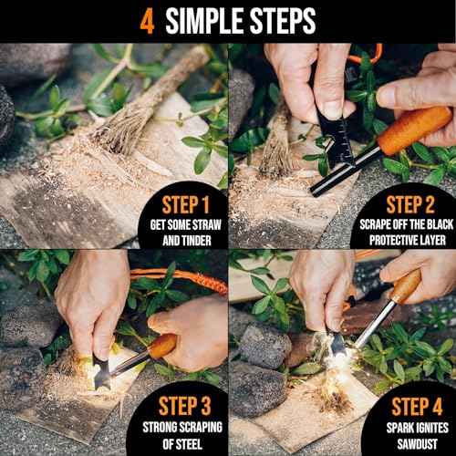 Fire Starter Survival Tool, Ferro Rod Kit with Tinder Wick, Pouch, Waterproof Flint and Steel Fire Starter for Camping, Hiking and Backpacking Gear