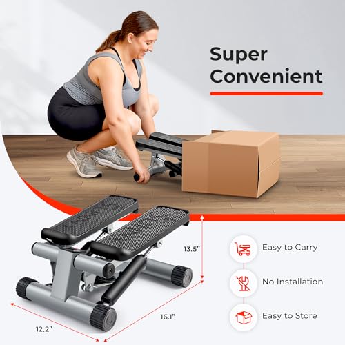 Sunny Health & Fitness Mini Stepper for Exercise at Home, Stair Step Workout Machine with Resistance Band and Over 300lb Weight Capacity, Optional Twist Motion and Free SunnyFit App Connection