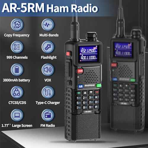 Ham Radio Baofeng Radio10W 5RM FM Radio Handheld Two Way Radio Long Range AR-5RM NOAA Weather Radio DTMF Walkie Talkies Copy Frequency 999CH USB-C Charger 3800mAh Battery Survival Radio (2 Pack)
