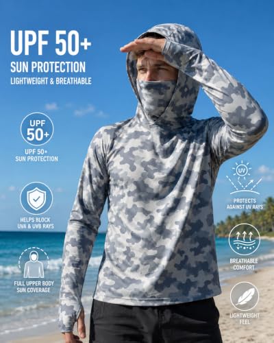 Men's UPF 50+ Sun Protection Hoodie Fishing Shirt with Face Mask - Large, Yellow/Army Green/Light Gray