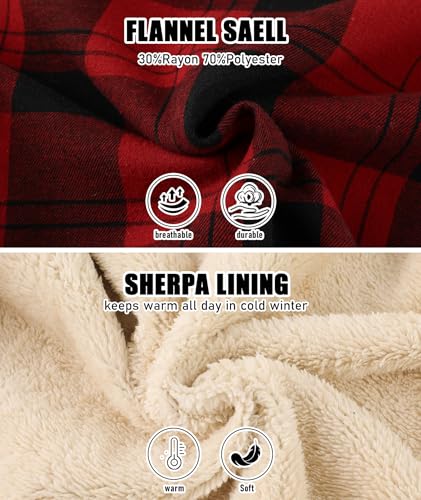 Mens Flannel Plaid Zip Up Hoodie Jacket Sherpa Lined Fleece - Large Black Red