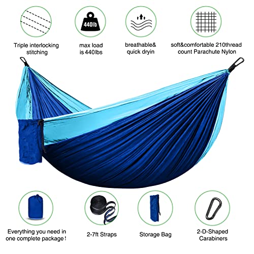 Portable Camping Hammock with Straps - Single/Double 210D Nylon Swing, Blue/Sky Blue