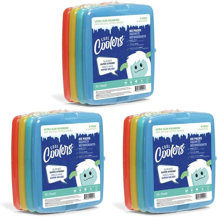 Cool Coolers By Fit & Fresh 4 Pack Slim Ice Packs, Quick Freeze Space Saving Reusable Ice Packs for Lunch Boxes or Coolers, Multi Colored, Single Pack
