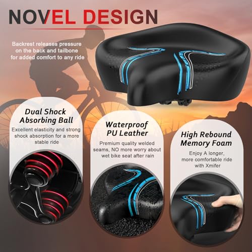Bluewind Oversized Bike Seat with Backrest - Wide Bicycle Saddle for Electric & Stationary Bikes, Blue