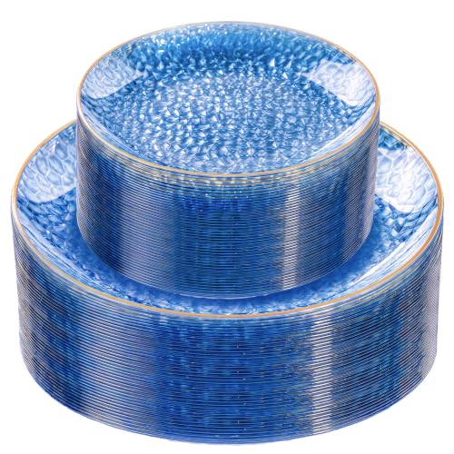 Clear Blue Plastic Plates with Gold Rim - Hammered Design, Disposable Party Dinner & Dessert Plates, 60Pcs, Variation: Clear Blue Gold
