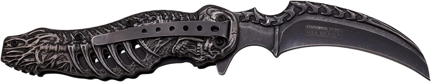 Tac-Force- Folding Pocket Knife – Stonewashed Finish Stainless Steel Blade and Handle w/Sculpted Skeleton Design, Pocket Clip, Tactical, EDC, Rescue - TF-857