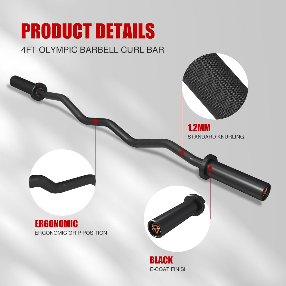 Olympic Barbell EZ Curl Bar, 47INCH/4FT Strength Training Curling Bar with Knurled Grip Black Barbell Bar for Weightlifting, Copper Sleeve Barbell for 2-inch Weight Plates, 500 LBS Capacity