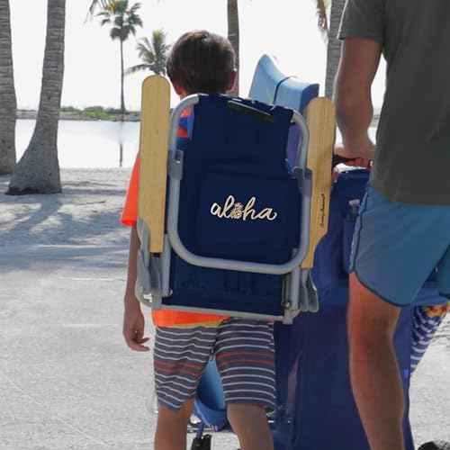 Tommy Bahama Kid's 5-Position Lay Flat Backpack Folding Beach Chair, Solid Navy Wavy Marlin